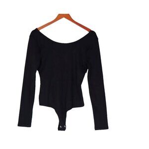 Daya by Zendaya Women's Large Black Ribbed Bodysuit Long Sleeve Cotton Thong Top